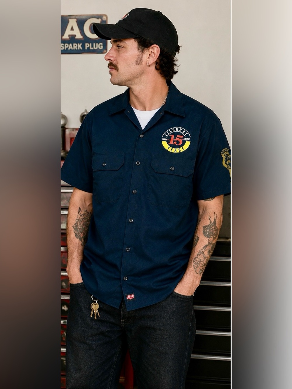 Men's Short-Sleeve Navy button up Work Shirt with 15 Years Badge Medium